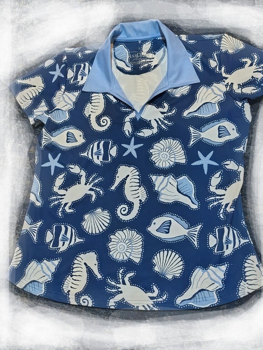 NEW Ana Claire Navy Mer Short Slv Nautical Activewear Golf Top UPF50 Women's L